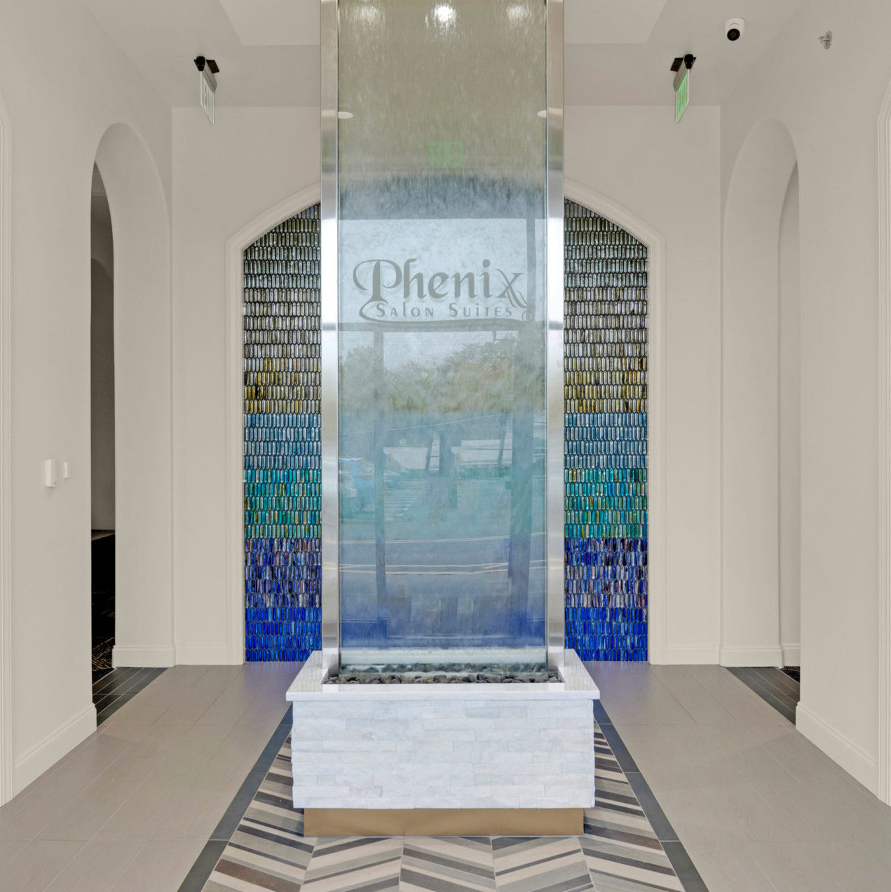 Phenix Salon Suites glass waterfall feature